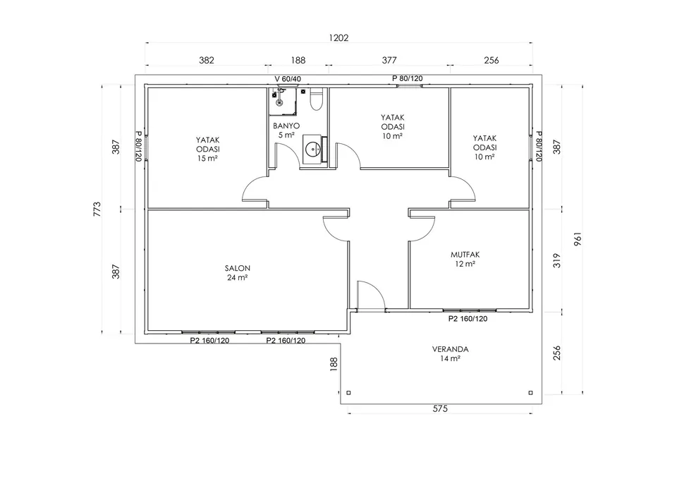 103m² Tek Katlı Prefabrik Ev Kat planı
