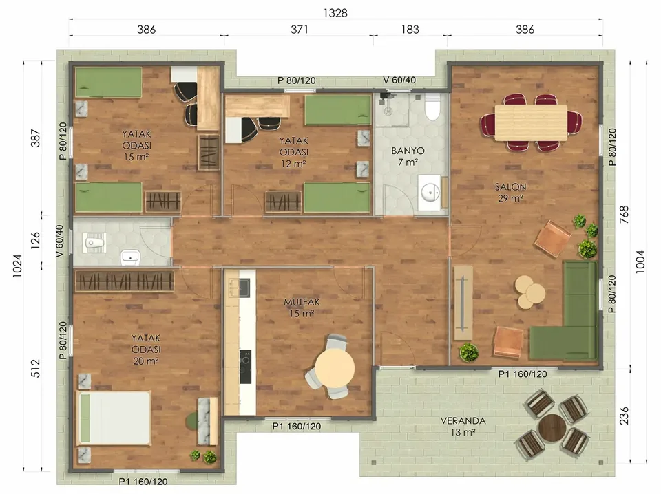 126m² Tek Katlı Prefabrik Ev Kat planı