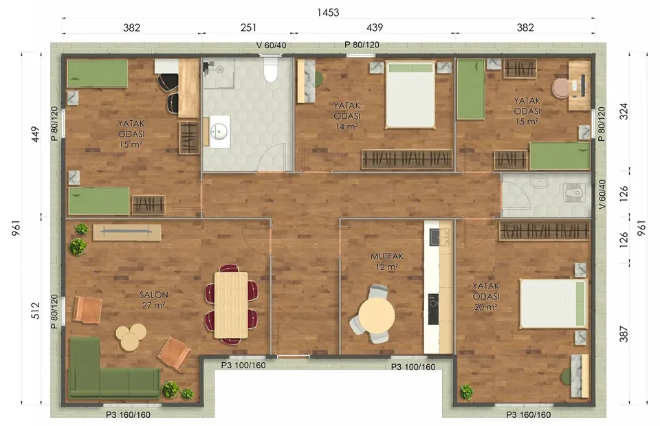 131m² Tek Katlı Prefabrik Ev kat planı