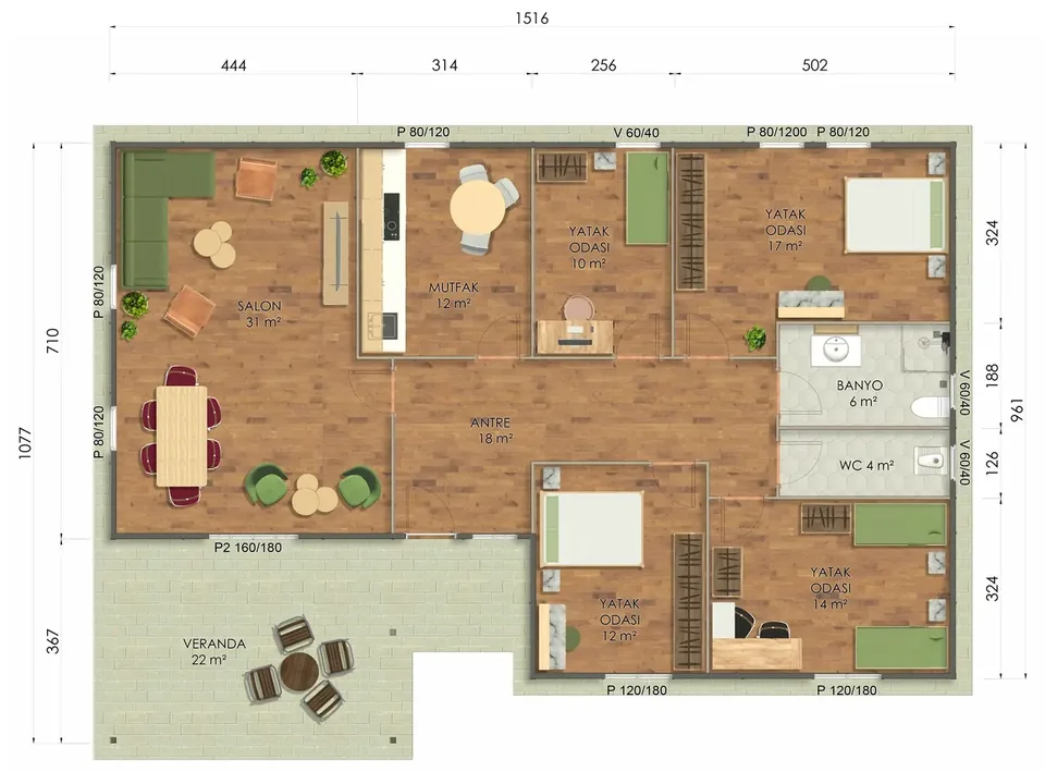 149m² Tek Katlı Prefabrik Ev Kat planı
