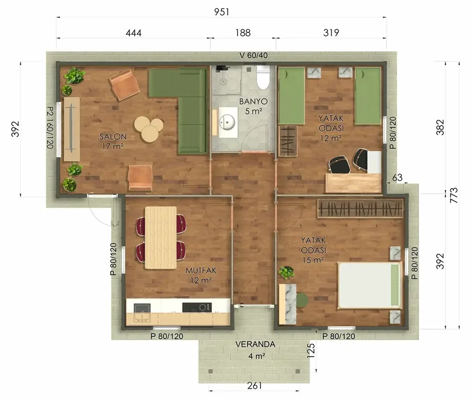 72m² Tek Katlı Prefabrik Ev Kat planı