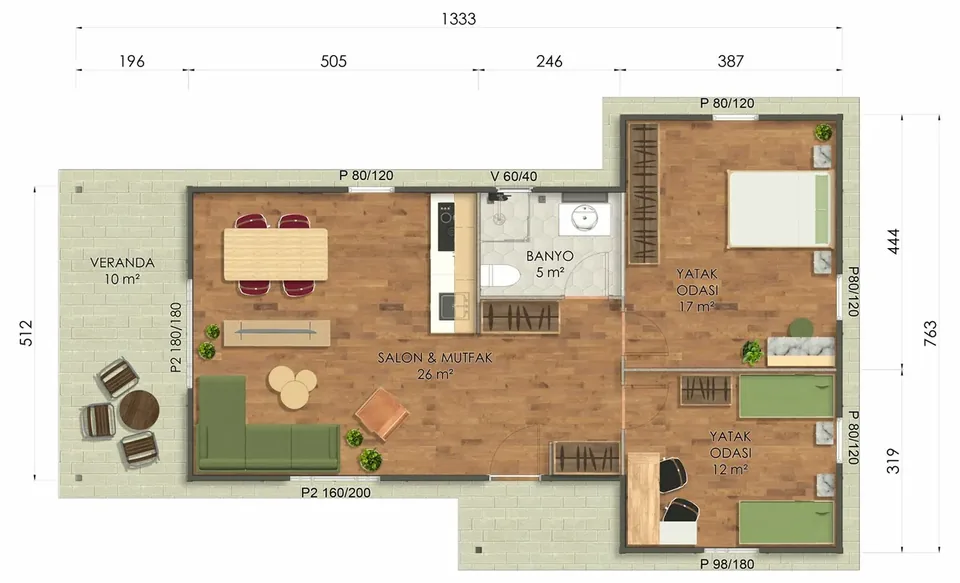 80m² Tek Katlı Prefabrik Ev kat planı
