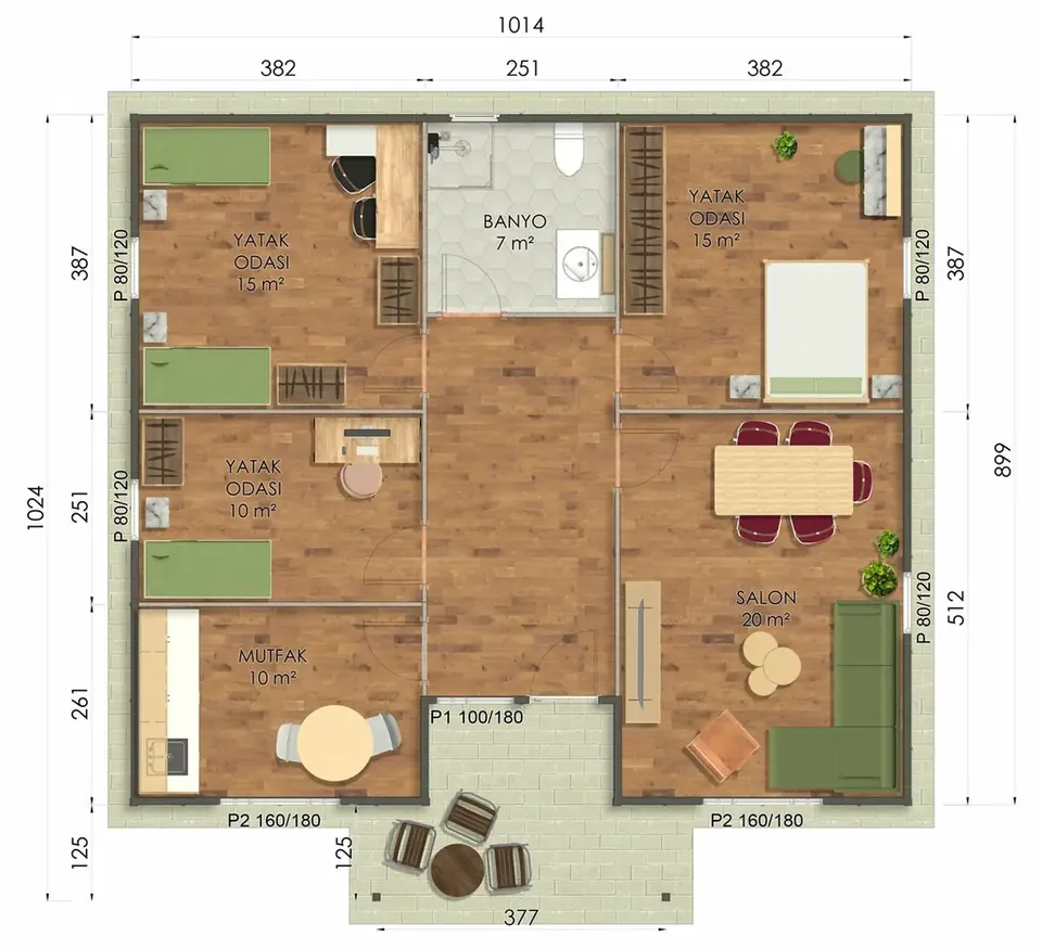 96m² Tek Katlı Prefabrik Ev Kat planı