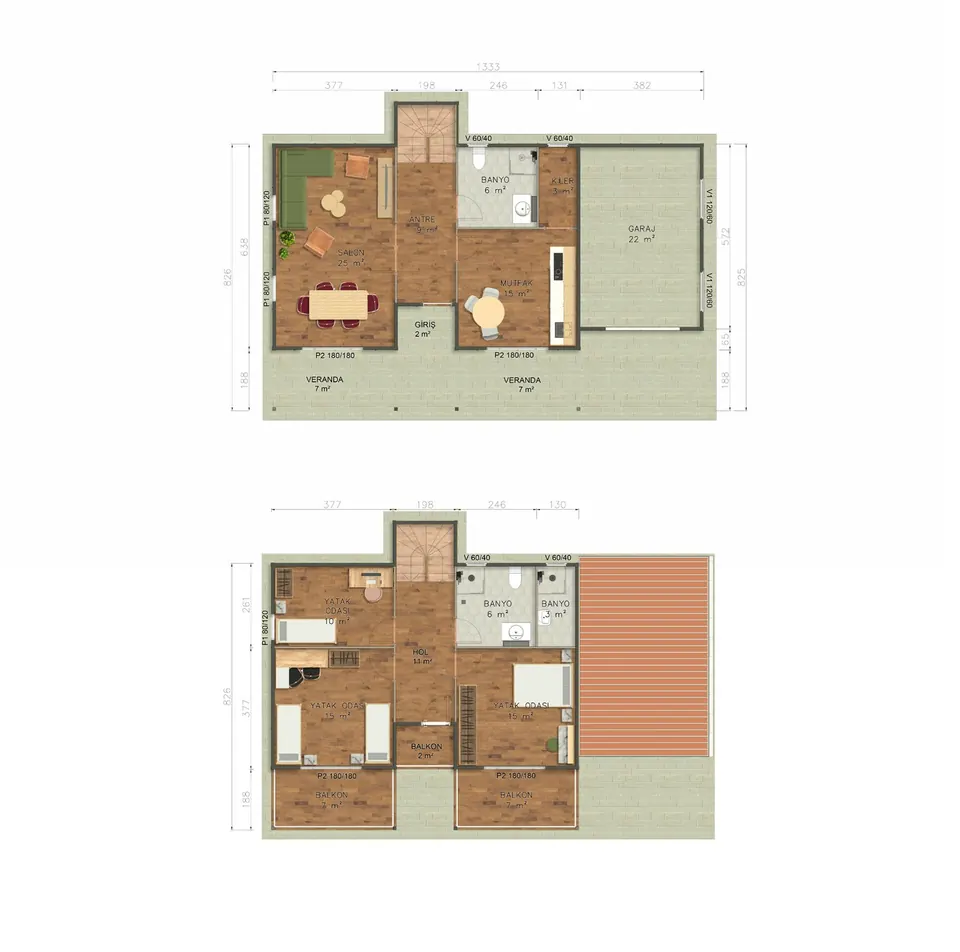 177m² İki Katlı Prefabrik Ev kat planı